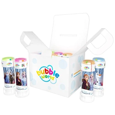 Immagine di Bubble World Frozen Party Pack Principesse Disney Perfetto per Feste di compleanno 103.658000 Made in Italy, Colore Tubetti Monocolore e soffiatore Integrato, 12 flaconi bolle 60ml,