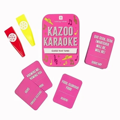 Immagine di Talking Tables Karaoke Kazoo Guess The Song Travel Game Divertente quiz musicale tascabile per la famiglia da suonare Confezionato in una robusta custodia di latta regalo o calza Babbo