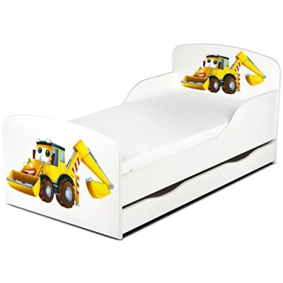Immagine di Leomark Letto per bambini in legno, cassetto e materasso, rete a doghe, mobili bambino, magnifiche stampe, dimensioni del materasso 140 x 70 cm, colore bianco con motivo: ESCAVATORE