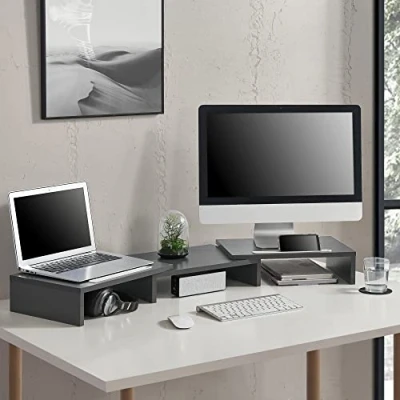 Immagine di [en.casa] Supporto di Rialzo Monitor Base a Lunghezza Regolabile 79 111 cm Postazione per 2 Schermi con Portacellulare Grigio Scuro