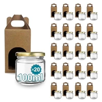 Immagine di Espirito Rebelde 20 barattoli vuoti in vetro con coperchio da 100 ml di cartone per 1 barattolo marmellata, a vite dorato, marmellate, conserve, miele