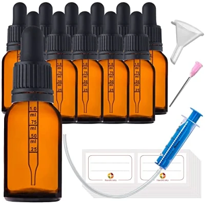 Immagine di HandsUnity 15ml 12pz Bottiglia Pipetta Piccola di Vetro set Vasetti da Farmacia in Ambrato con Tappo Nero per include 5pcs Accessori Bottiglie Marrone