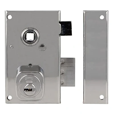 Immagine di Amig Serratura a Sovrapposizione Destra con Leva di chiusura, Linguetta e Quadretto per Porte in Legno Mod. 75N 67 x 112 mm Cilindro rotondo sicurezza acciaio argentato