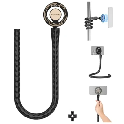 Immagine di Neewer Supporto Telefono Magnetico Flessibile+Adattatore a Vite 1/4, Mini Treppiede/Asta da Selfie Compatibile con MagSafe iPhone Samsung Android Telefoni per Manubri/Tapis Roulant/Passeggino, GP 19