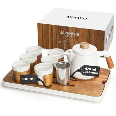 Immagine di MIAMIO set da tè giapponese/cinese 6 x 100 ml/teiera asiatica 620 ml con infusore per tè, di tazze tradizionali giapponesi amanti del tè/uomini/donne (Bianco)