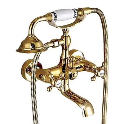 Immagine di GX Rubinetto Vasca Bagno con Doccetta, Oro Due Maniglie Miscelatore A Parete Supporto E Tubo da 150Cm, Ottone, Anticato