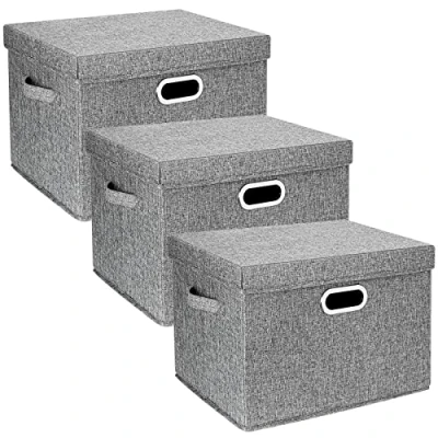 Immagine di TYEERS Grandi Scatole Portaoggetti, in Tessuto, Pieghevole, con Coperchio, 44x30x29 cm, Set di 3, Grigio