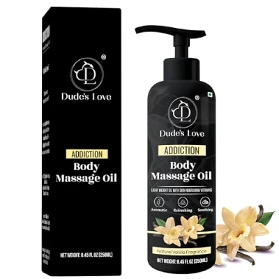 Immagine di Dude&#039;s Love olio da massaggio per il corpo commestibile alla vaniglia: attrazione, fiducia e assenza di macchieOlio aromaterapico non appiccicoso con essenziale vaniglia gelsomino 250 ML
