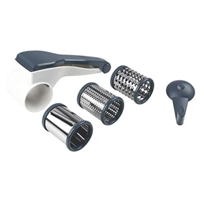 Immagine di Fackelmann Grattugia a manovella con 3 Inserti Differenti, Linea Easy Prepare, 21x10,5x10cm, Colore Scuro, Acciaio Inossidabile, Bianco, Argento E Blu