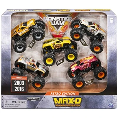 Immagine di Monster Jam, Confezione da 5 Truck in scala 1:64, edizione retrò ufficiale Max D, giocattoli per bambini e bambine dai 3 anni su