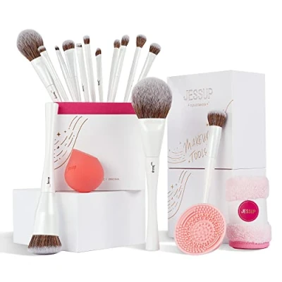 Immagine di Jessup pennelli make up 14 trucco set kit regalo donna occhi ombretto polvere correttore fondotinta spugna detergente pennello asciugamano bianco perla T333