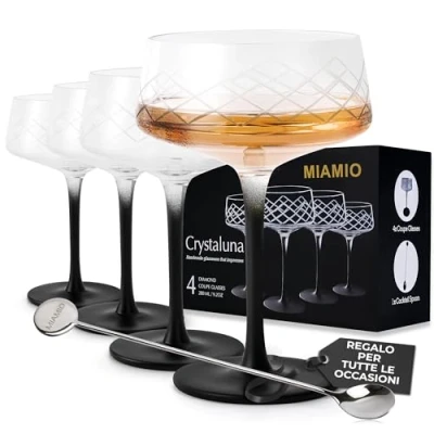 Immagine di MIAMIO Set di 4 bicchieri da circa 280 ml con cucchiaio bar, cocktail in cristallo soffiato a mano stelo nero, Vodka Martini, champagne Collezione Crystaluna