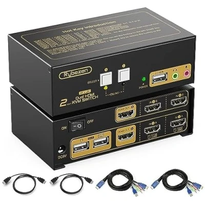 Immagine di KVM Switch 2 PC Monitore, 4K 30Hz HDMI Utilizzato per computer condividere display e 3 dispositivi USB, con Uscita Microfono Audio Tasto di Scelta Rapida black