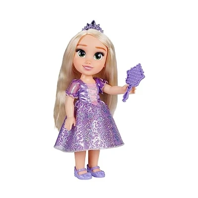 Immagine di Disney Princess Bambola 38 cm di Rapunzel, con i Suoi Abiti Iconici Arricchiti da Dettagli Glitterati, Tiara Scintillante e Scarpette Coordinate, Occhi Brillano