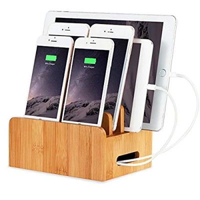 Immagine di XPhonew Legno di bambù Desktop Multi device Cords Organizer Stand and Charging Station Charger Dock Cradle Holder Compatible with iPhone 14 13 12 11 Pro Max iPad Mini 4 5 Samsung LG Smartphone Tablet