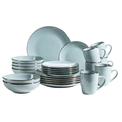 Immagine di MÄSER Metallic Rim Set di stoviglie moderne per 6 persone, con bordo in ottone, 24 pezzi, forme coupe senza bordi, gres, grigio