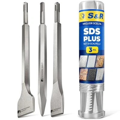 Immagine di S&amp;R Scalpelli SDS Plus Set di 3 pz per Piastrelle Pavimento Muro (Scalpello Largo Diritto) x Martelli e Trapani