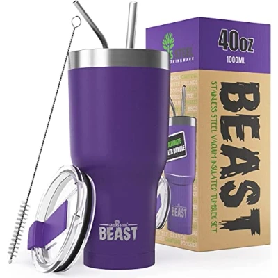 Immagine di BEAST Tazza Termica da Viaggio 1050 ml I Viola Profondo Doppia Parete Inox Termos Caffè Isolato con 2 Cannucce Riutilizzabili &amp; Spazzolino per Pulizia Ideale Freddo o Caldo