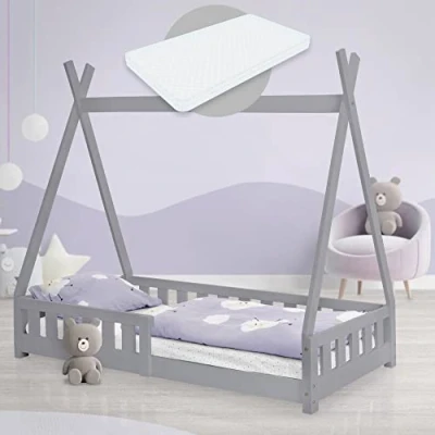 Immagine di ML Design Lettino per Bambini Tenda Indiana con Sponde Protezione Anticaduta Rete a Doghe 80 x 160 cm Letto da Gioco in Legno di Pino Massiccio Grigio Materasso Sfoderabile Schiuma Fredda