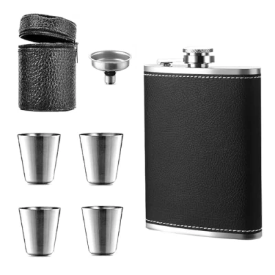 Immagine di ZMDMAH 1 fiaschetta e imbuto in pelle di litchi nera acciaio inox, 4 tazze piccole 8oz.227 ml, adatta per il trasporto alcool, Hip Flask, mini inox uomini donne