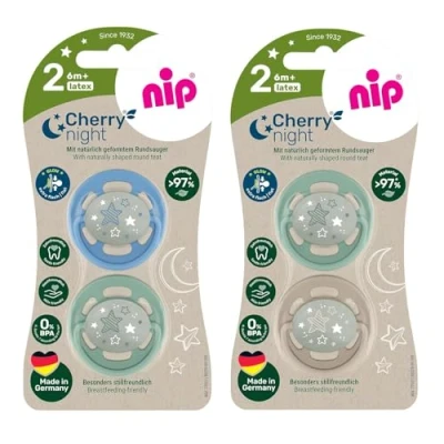 Immagine di NIP Cherry ciuccio lattice naturale Night 6 32 mesi, 4 pezzi, Il bottone si illumina al buio, made in Germany
