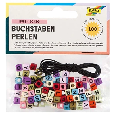 Immagine di folia 33913 100 perline a forma di lettere quadrate, colori assortiti, circa 6 x mm, con foro per infilare, incluso nastro elastico 1 m, ideale collane, bracciali e altri gioielli