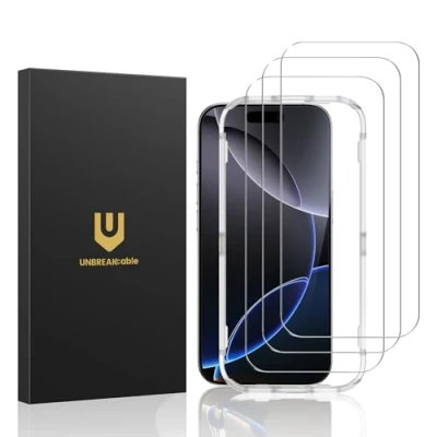 Immagine di UNBREAKcable Pellicola protettiva in vetro temperato per iPhone 16 Pro Max [confezione da 3], ultra infrangibile, 9H [cornice di facile installazione] [99,99% HD trasparente] [senza bolle]