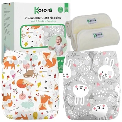 Immagine di Kolo Set di 2 Pannolini lavabili riutilizzabili per bambini e neonati + inserti assorbenti in bambù, Taglia regolabile, unisex 100% Ecologici. Fantasia Fox&amp;Rabbit