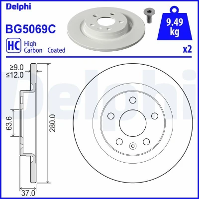 Immagine di DELPHI BG5069C Disco freno 280 12 5 pieno rivestito ad alto tenore di carbonio con cuscinetto ruota, senza anello sensore ABS VOLVO: XC40