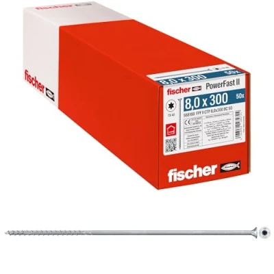 Immagine di Fischer PowerFast II 568160 Vite da legno 8 mm 300 Interno Esagonale rotondo, multidentato, TX, Torx, Impronta T Acciaio galvanizzato zinco 50 pz.