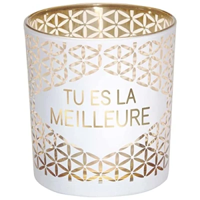 Immagine di Draeger Paris Portacandela con scritta &quot;Tu es la meilleure&quot;, in vetro bianco e oro, H 8 x L 7,5 cm