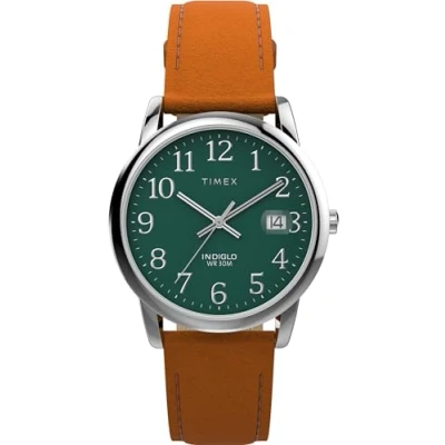 Immagine di Timex Orologio da uomo Easy Reader 35 mm, cinturino in pelle marrone, quadrante verde, cassa color argento TW2W54600