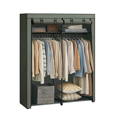 Immagine di SONGMICS armadio in tessuto, portatile con aste, appendiabiti, pieghevole, ripostiglio, per camera da letto, studio, 140 x 43 174 cm, verde salvia RYG002C02