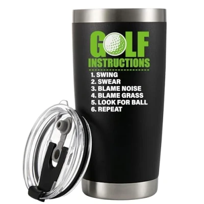 Immagine di Panvola Golf Instructions Divertente tazza da viaggio in acciaio inox con coperchio e cannuccia, 590 ml, colore: nero