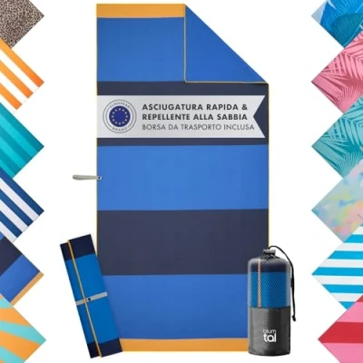 Immagine di Blumtal telo mare grande 90x180 cm microfibra asciugamano compatto e ad asciugatura rapida senza sabbia nastro piscina morbido a righe blu bianche