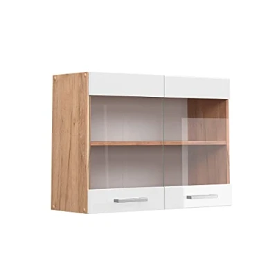 Immagine di Vicco Mobile da cucina in vetro R line, Bianco lucido/Quercia dorata, 80 cm