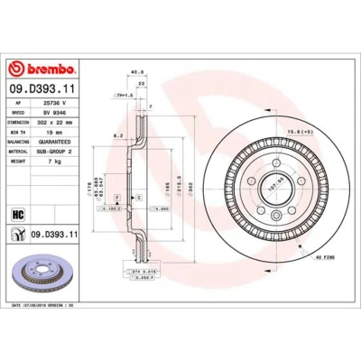 Immagine di BREMBO 09.D393.11 Disco freno 302 22 5 ventilazione interna rivestito ad alto tenore di carbonio VOLVO: XC70 II Station Wagon, S60 II, V60 I