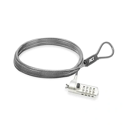 Immagine di ACT cavo di sicurezza per laptop da 2 m, protezione con password Lucchetto a combinazione 4 cifre, blocco notebook slot nano, testa girevole, HP, antifurto