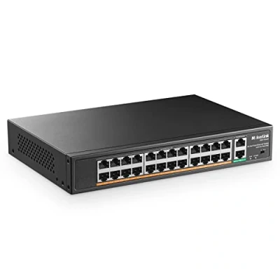 Immagine di MokerLink Switch PoE 24 porte, 2 porte Gigabit Uplink, 400 W ad alta potenza, supporto IEEE802.3af/at, montaggio su rack Plug and Play non gestito