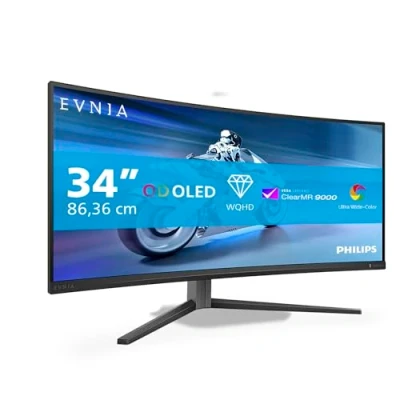 Immagine di Philips Evnia 34M2C6500 Monitor da gioco curvo OLED WQHD 34 pollici, 175 Hz, 0,03 ms, HDR400, Ambiglow, FreeSync Premium Pro, G Sync comp. (3440x1440, 2X HDMI, DisplayPort, hub USB) grigio scuro