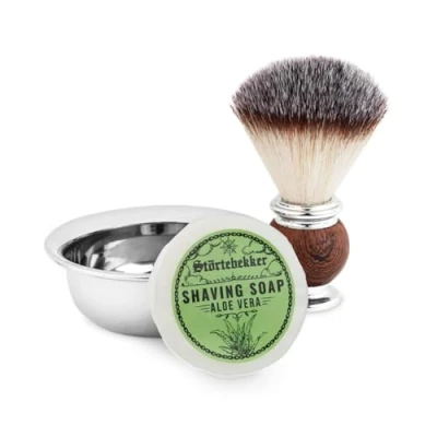 Immagine di Set di pennelli da barba con ciotola in acciaio inox e sapone (diversi tipi) per uomo preparazione alla rasatura (Aloe Vera)