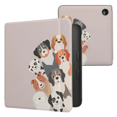 Immagine di kwmobile Custodia eReader Compatibile con Kobo Libra 2 Cover eBook Reader Flip Case marrone/bianco/marrone grigio Cani Divertenti