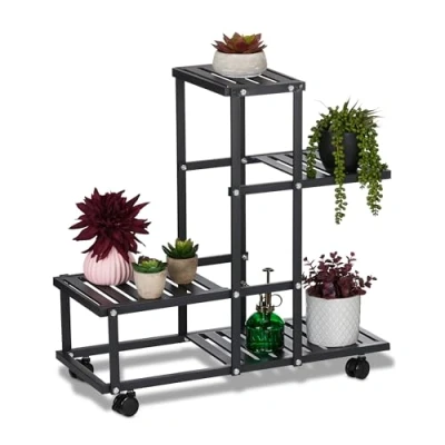 Immagine di Relaxdays Scaffale Portapiante con Rotelle, 60,5 x 61,5 26 cm, a 4 Ripiani, in Acciaio, Portafiori e Portavasi, Nero