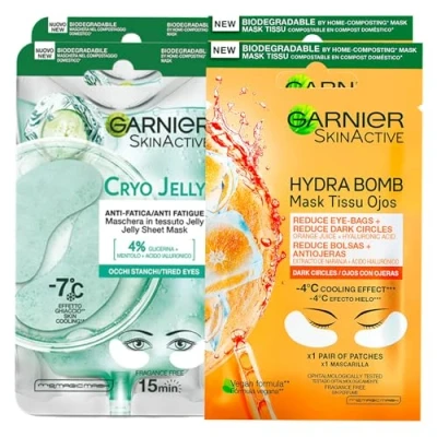 Immagine di Garnier SkinActive Hydra Bomb Maschera Occhi Anti Occhiaie con Succo d&#039;Arancia e Acido Ialuronico da 4 Patch + Cryo Jelly Effetto Ghiaccio Fatica Maschere Monouso