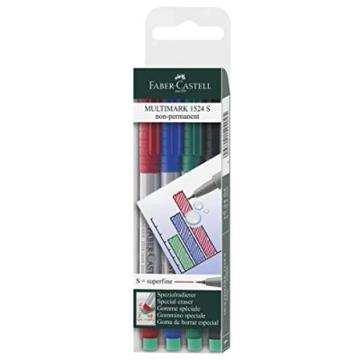 Immagine di Faber Castell 152404 Marcatore Multimark non permanente, forza S, confezione da 4, contenuto 1x ciascuno rosso, blu, verde, nero