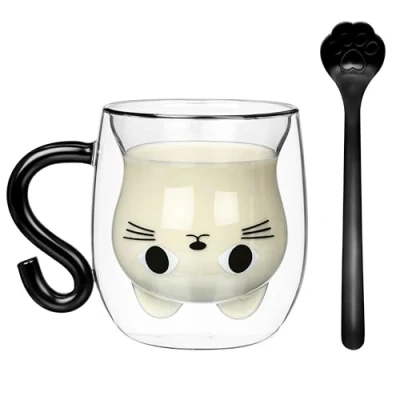 Immagine di BELLE VOUS Tazza da Caffè con Gatto Bicchiere in Vetro Doppio Espresso Isolata Borosilicato Tazzina a Doppia Parete Trasparente Cucchiaino
