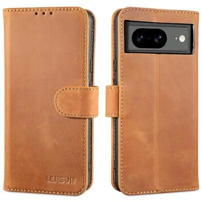 Immagine di Lensun Cover per Google Pixel 8, Custodia in Vera Pelle [RFID Blocking] Libro con Portafoglio Chiusura Magnetico Flip Custodie Cuoio Telefono 8 Marrone Retrò
