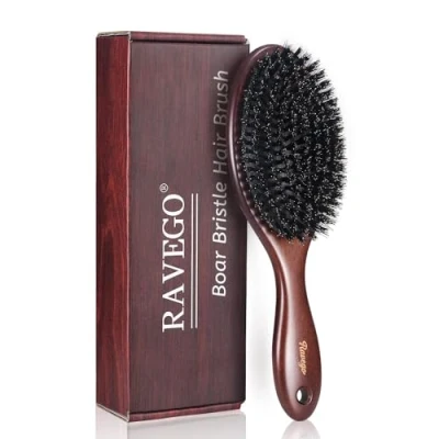 Immagine di RAVEGO spazzola per capelli, setole di cinghiale, districare e styling, naturali capelli sottili sottili, rigide