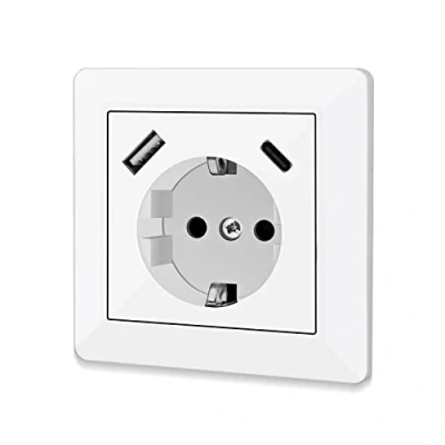 Immagine di presa con connettore USB e tipo C (max. 5 V 3,4 A) Schuko lucido, da incasso, sistema 55, colore bianco puro