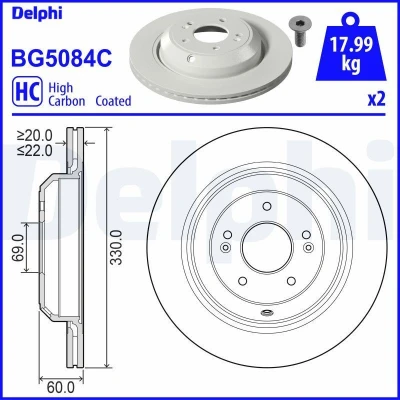 Immagine di DELPHI BG5084C Disco freno 330 22 5 ventilato rivestito ad alto tenore di carbonio senza cuscinetto ruota, anello sensore ABS